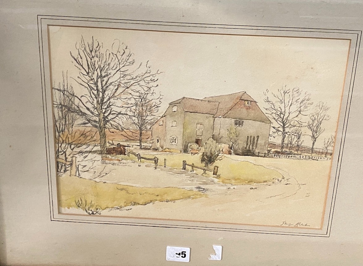 A collection of watercolours and prints